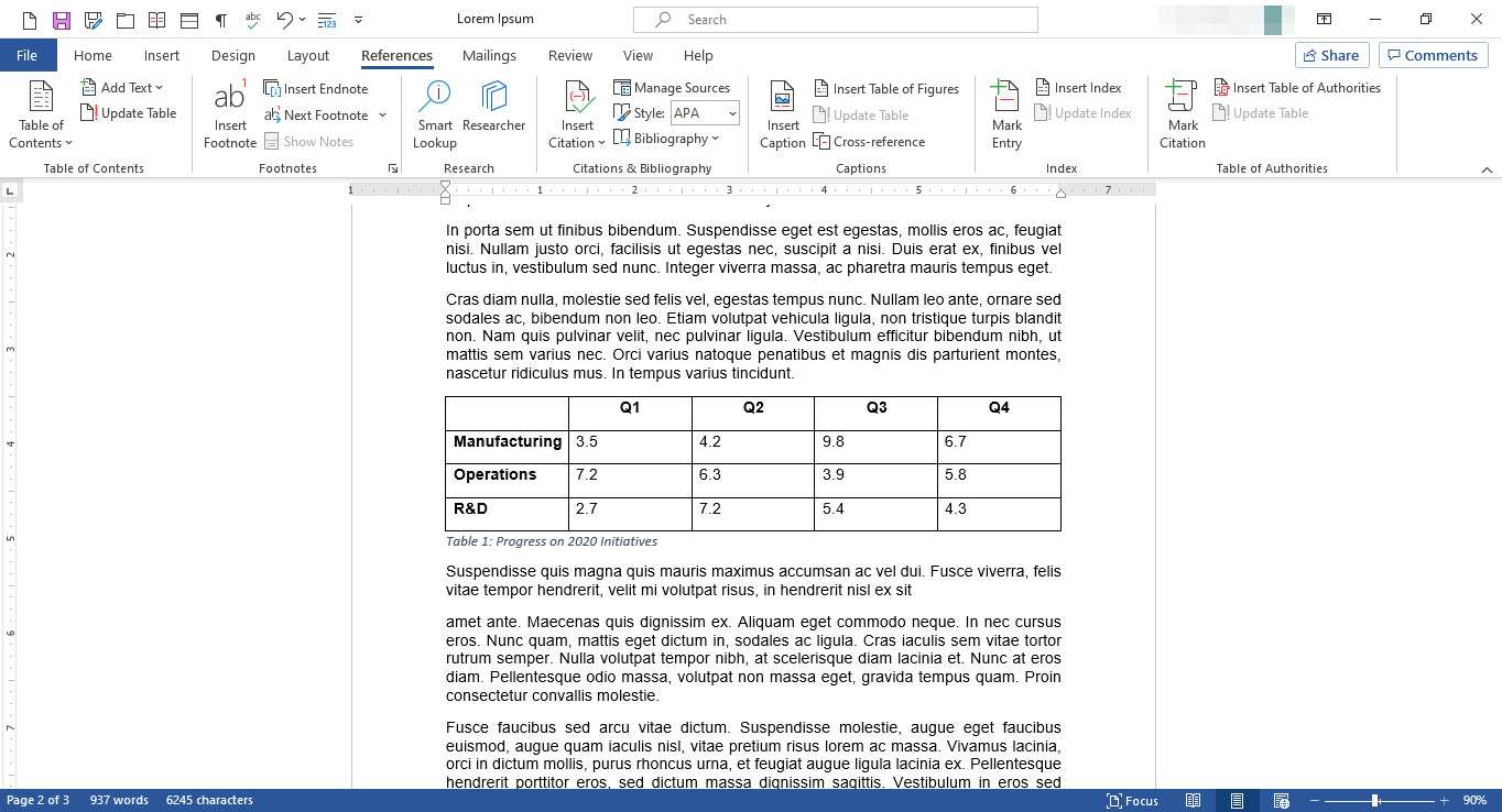 MS Word-dokument med tabell och tillhörande bildtext