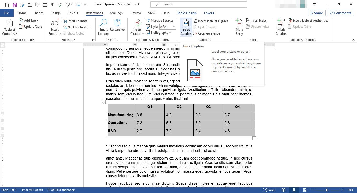 MS Word-dokument med funktionen Infoga bildtext vald