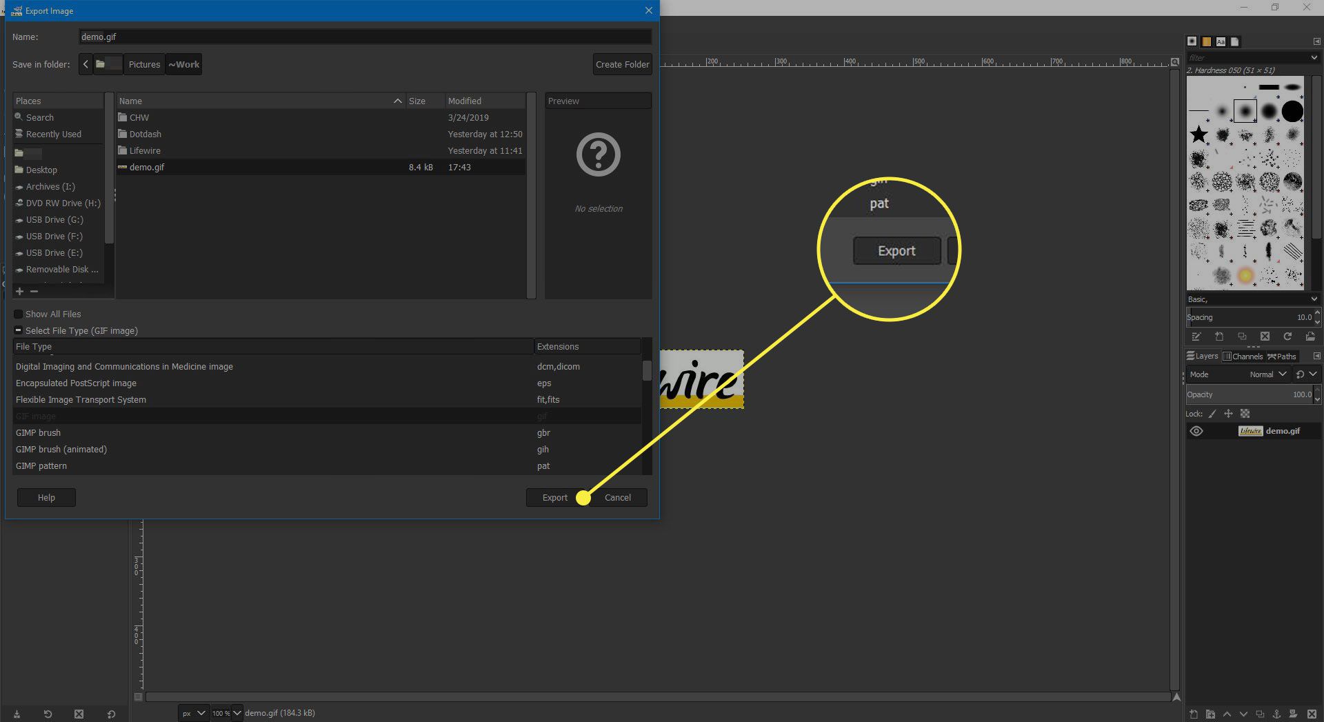 En skärmdump av GIMPS: s Save As-fönster med Export-knappen markerad