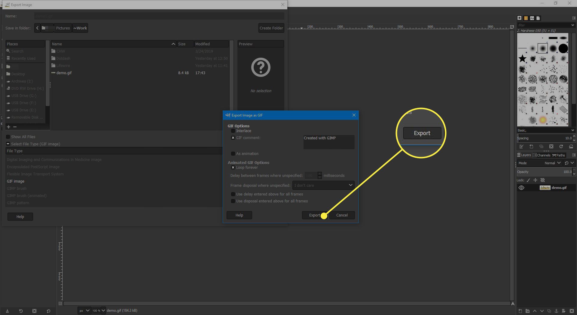 En skärmdump av GIMP: s GIF-inställningar med Export-knappen markerad