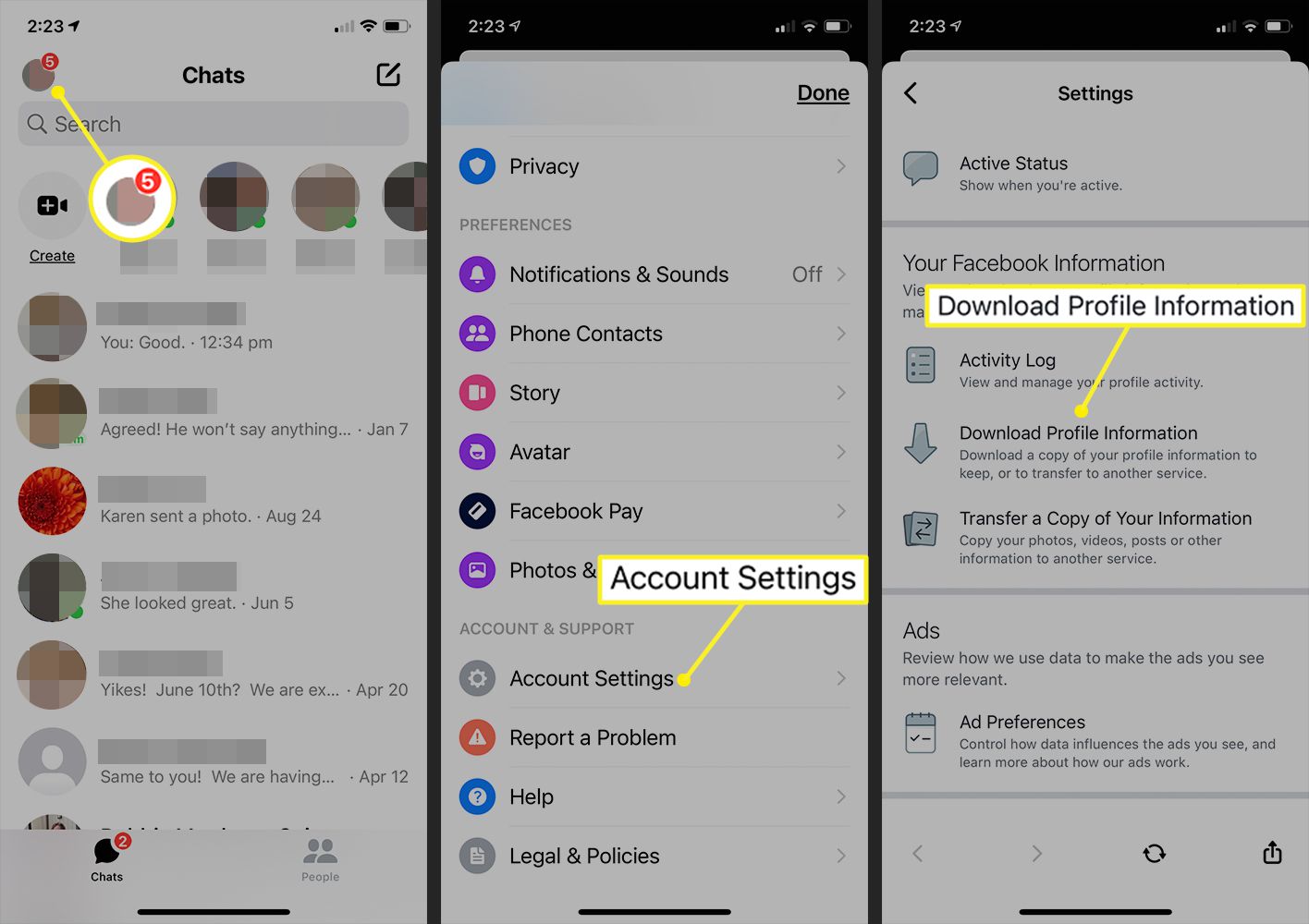 Messenger-appen i iOS som visar Plats för nedladdningsinformation