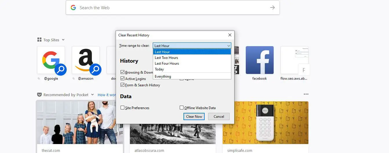 Tidsintervall för att radera alternativ i Firefox Rensa historikfönstret