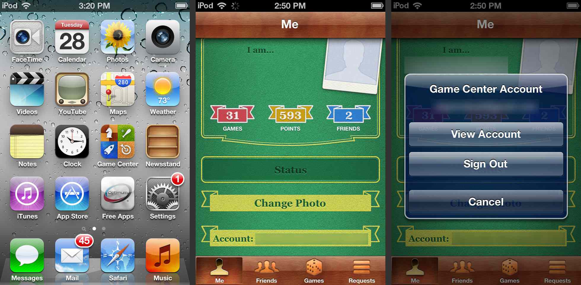 iPad-startskärm, ett spel och fönstret Game Center-konto