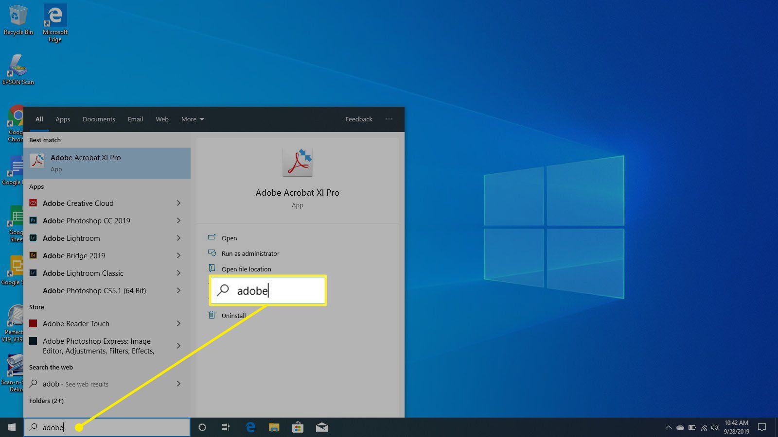 Söker efter Adobe Acrobat i Windows 10