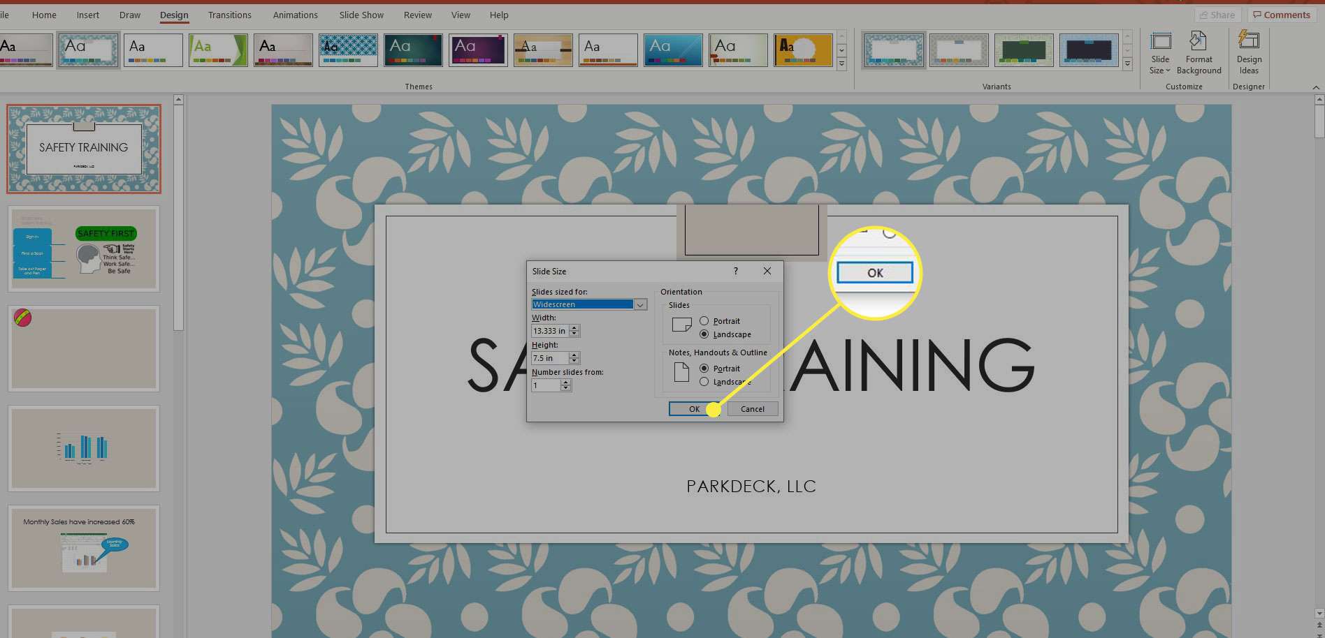 En skärmdump av Powerpoints fönster för bildstorlek med OK-knappen markerad