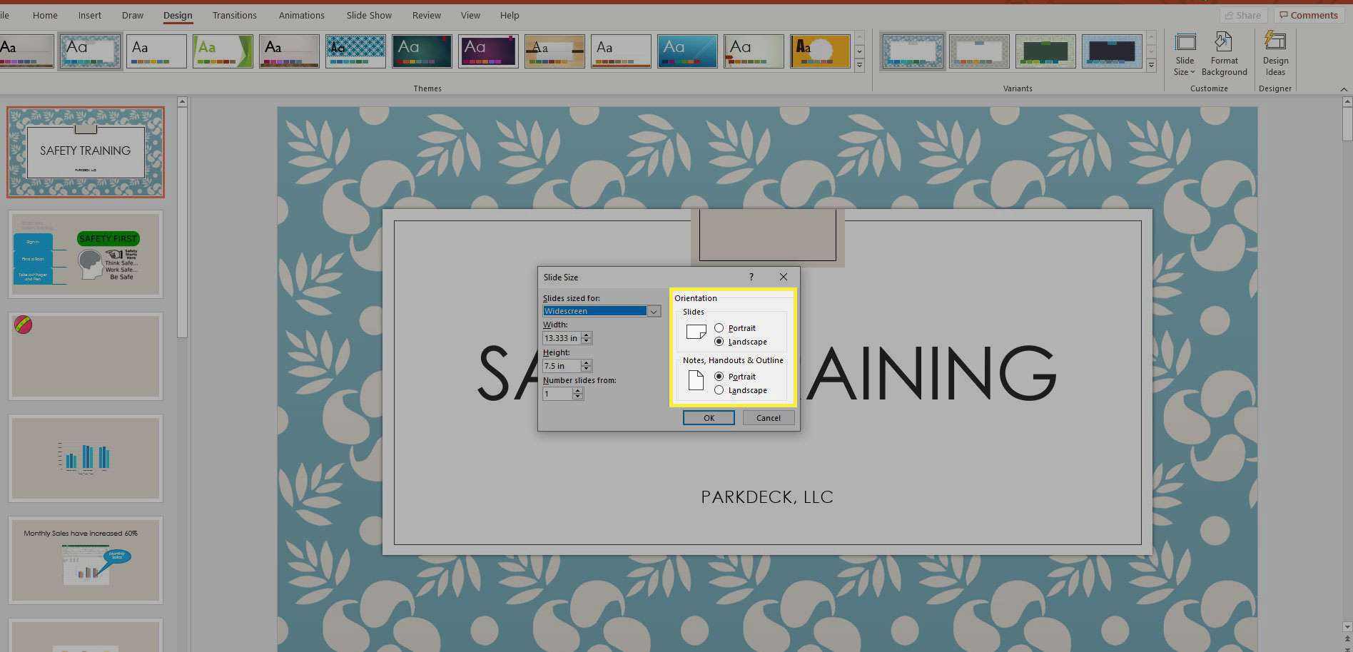 En skärmdump av Powerpoints fönster för bildstorlek med orienteringsavsnittet markerat