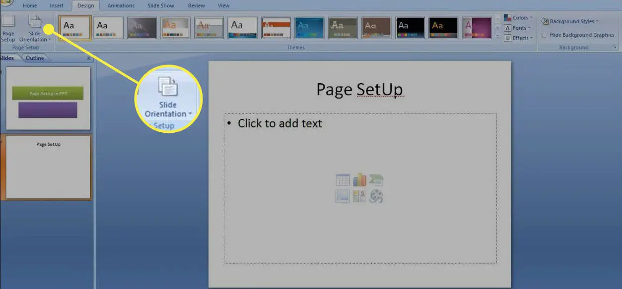 En skärmdump av Powerpoint med knappen Slide Orientation markerad