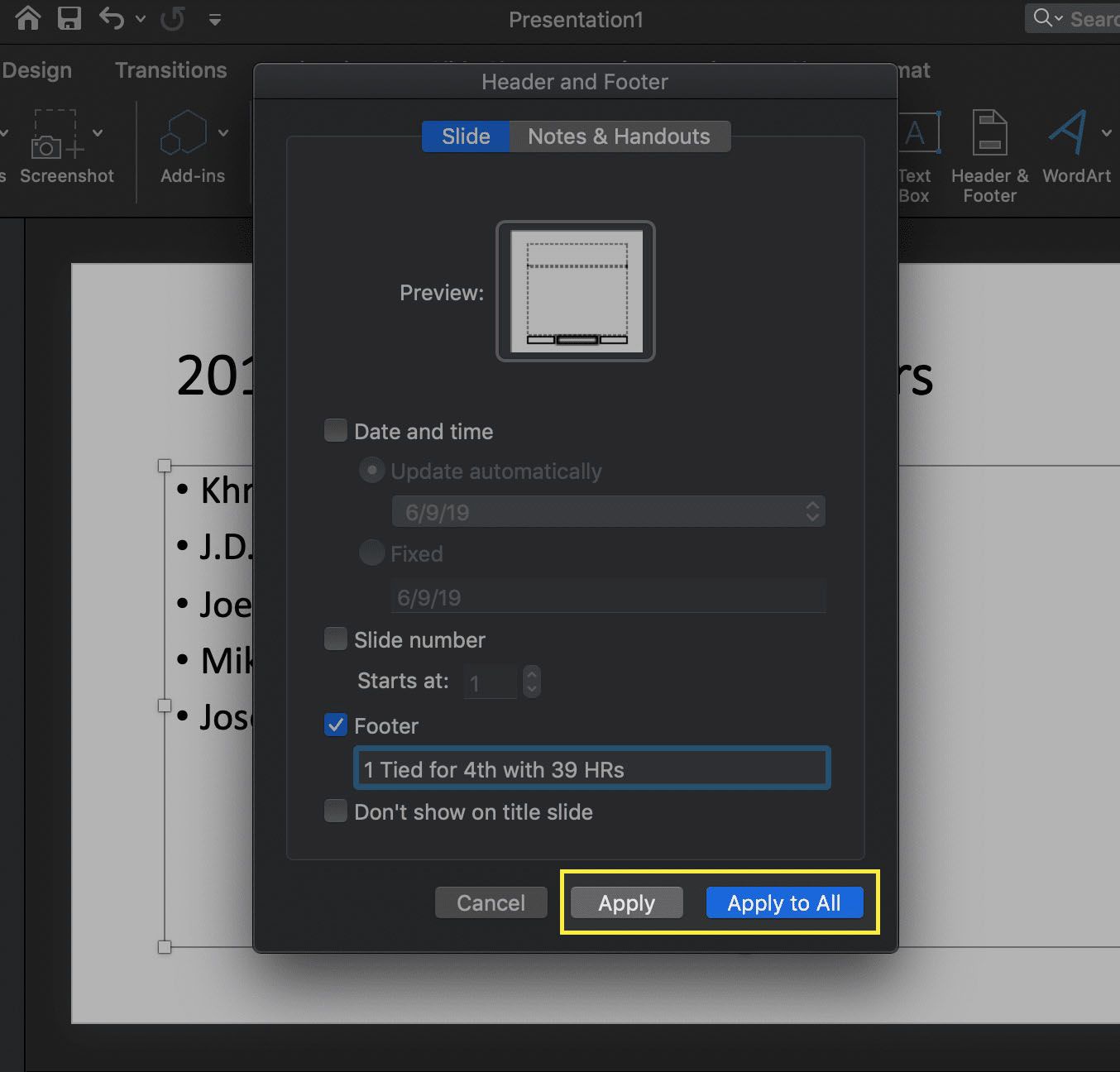 Header och Footer-gränssnittet i PowerPoint för macOS