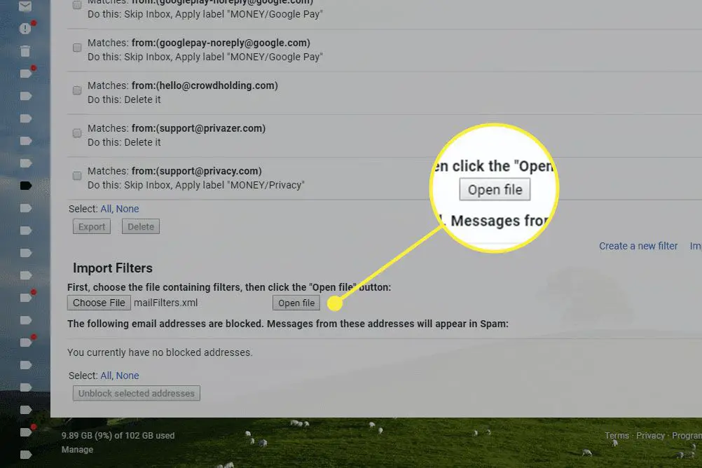 Gmails avsnitt Importera filter med knappen Öppna fil markerad