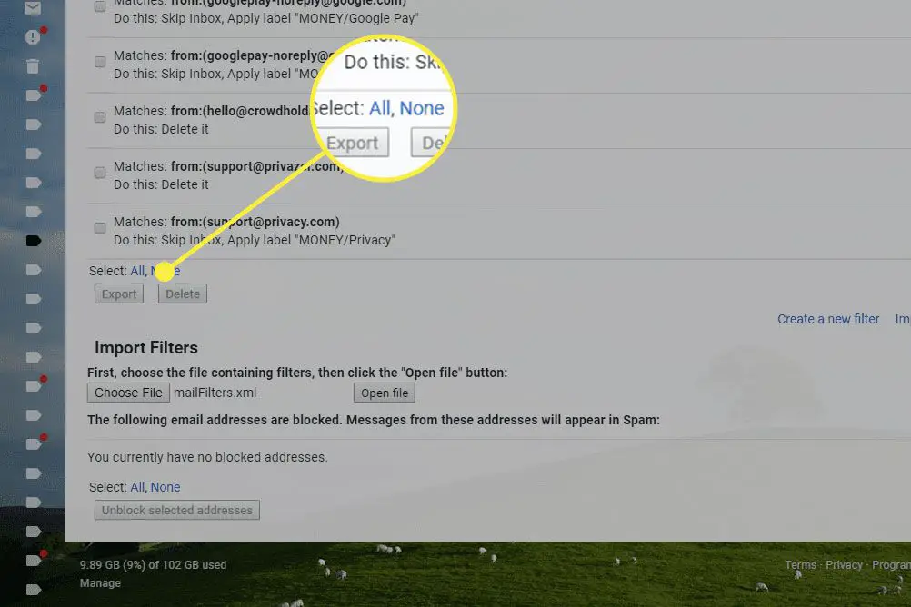 En skärmdump av Gmails Filtersida med knappen Markera alla markerad