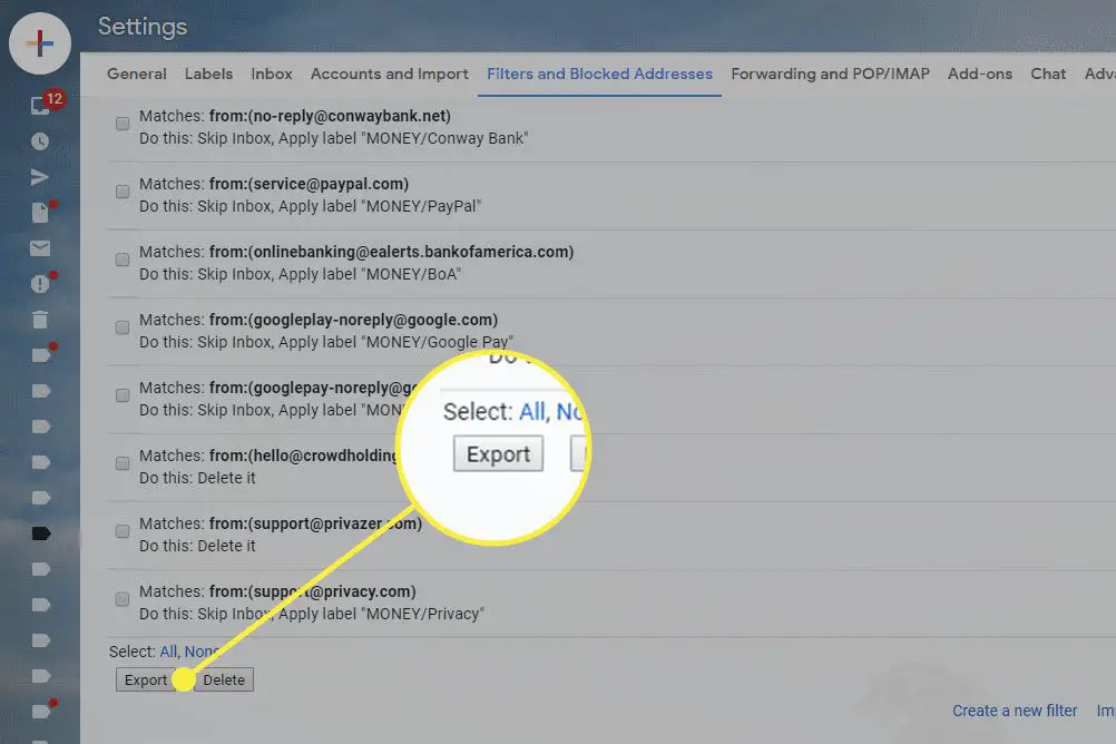 En skärmdump av Gmails filterinställningar med Export-knappen markerad