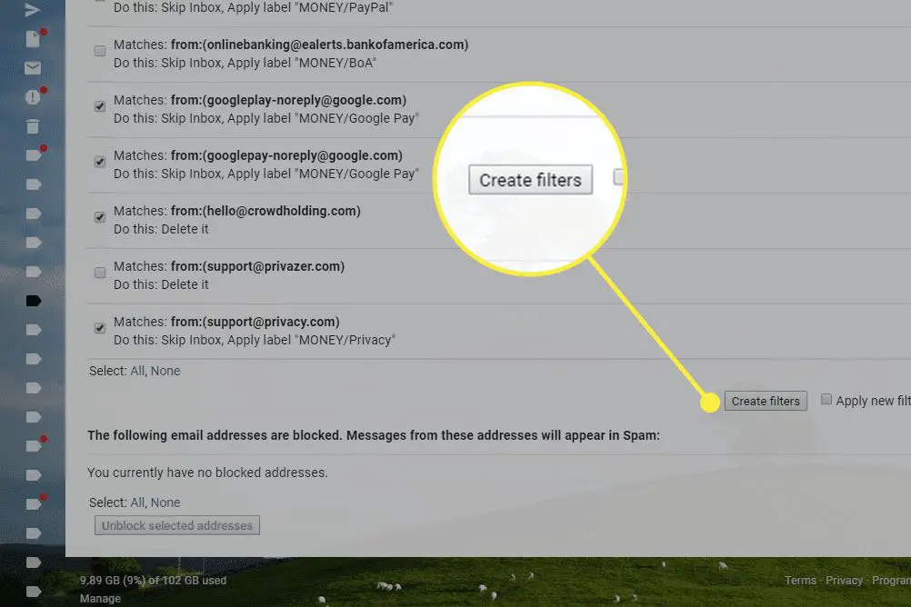 En skärmdump av Gmails filterinställningar med knappen Skapa filter markerad