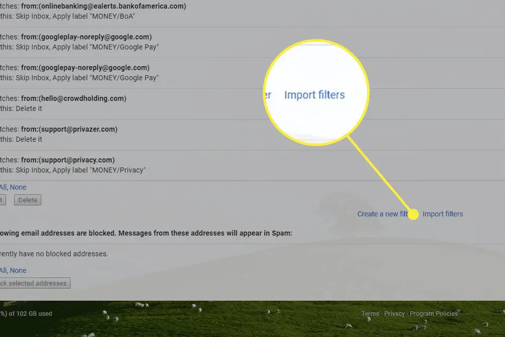 En skärmdump av Gmails filterinställningar med knappen Importera filter markerad