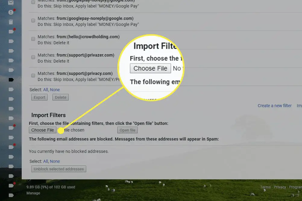 En skärmdump av Gmails filtersida med knappen Välj fil markerad