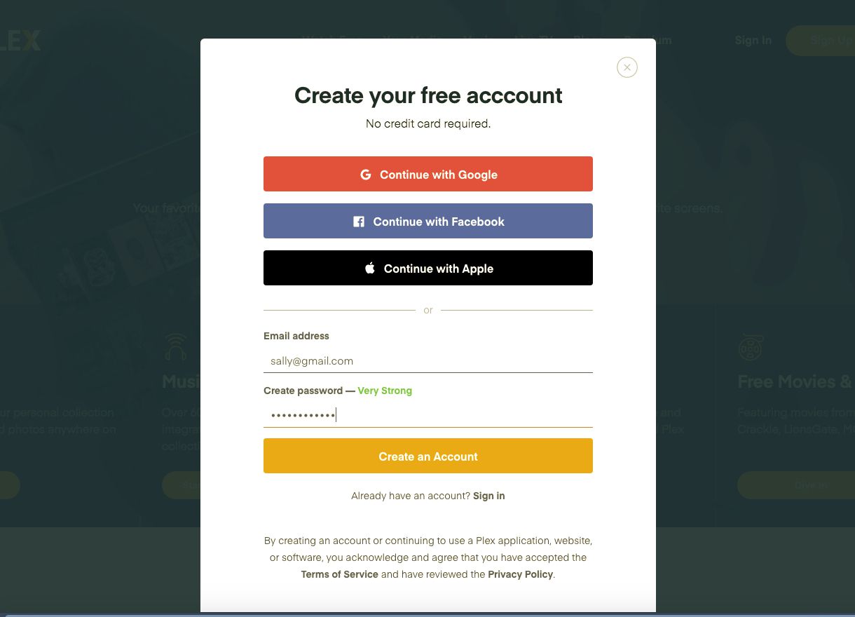 Skapa ett gratis konto med streamingtjänsten Plex
