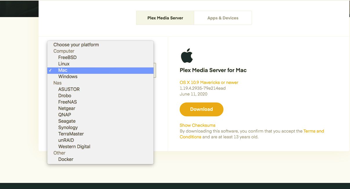 Välj din plattform på fliken Plex Media Server