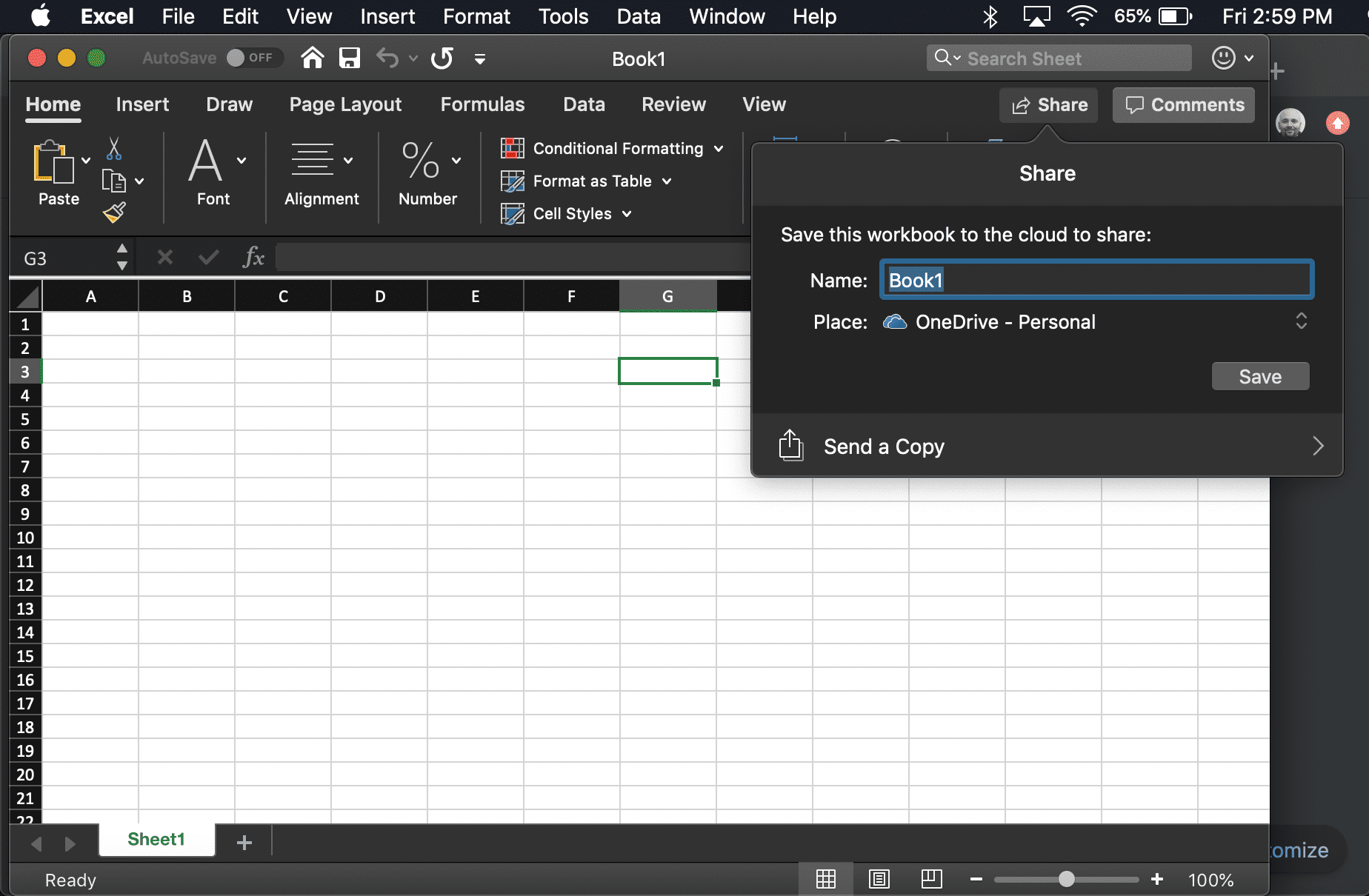 skärmdump av Excel Share-fönstret