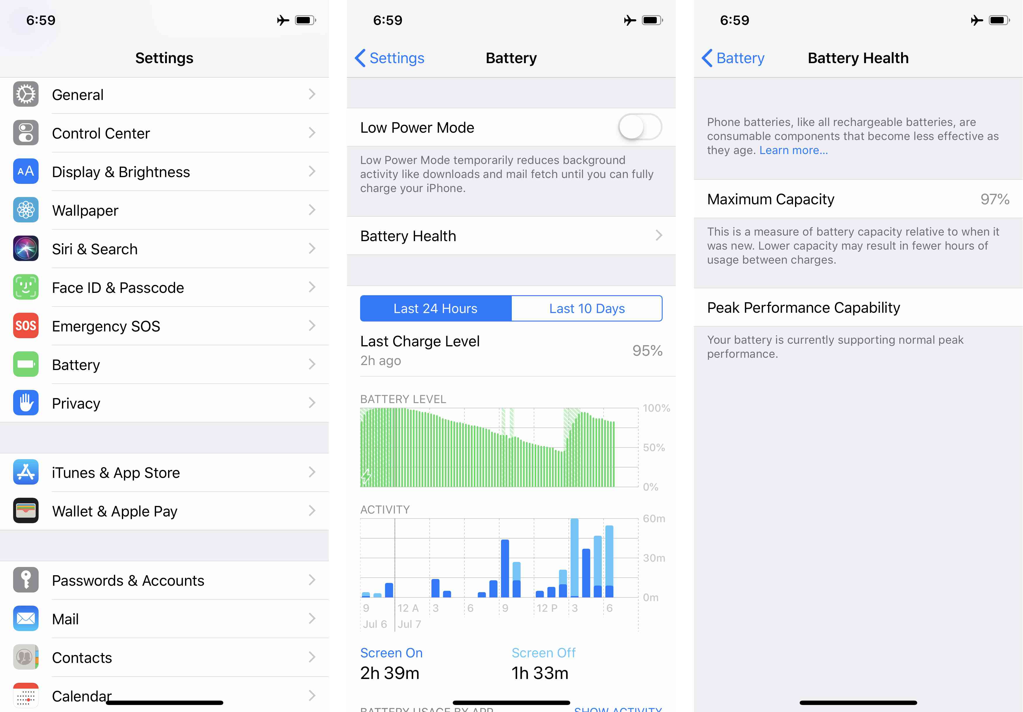 Skärmbilder av iPhone Battery Health-funktionen