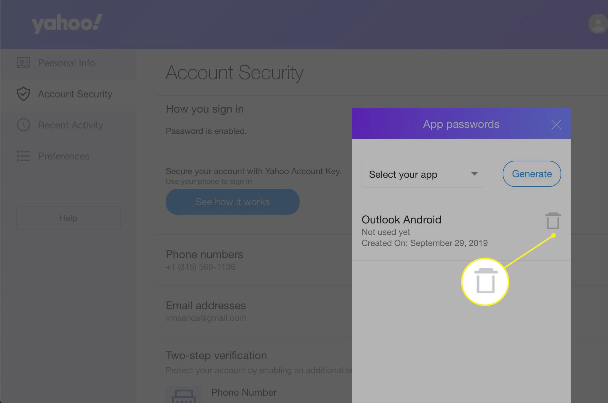 Radera ett applösenord i Yahoo Mail