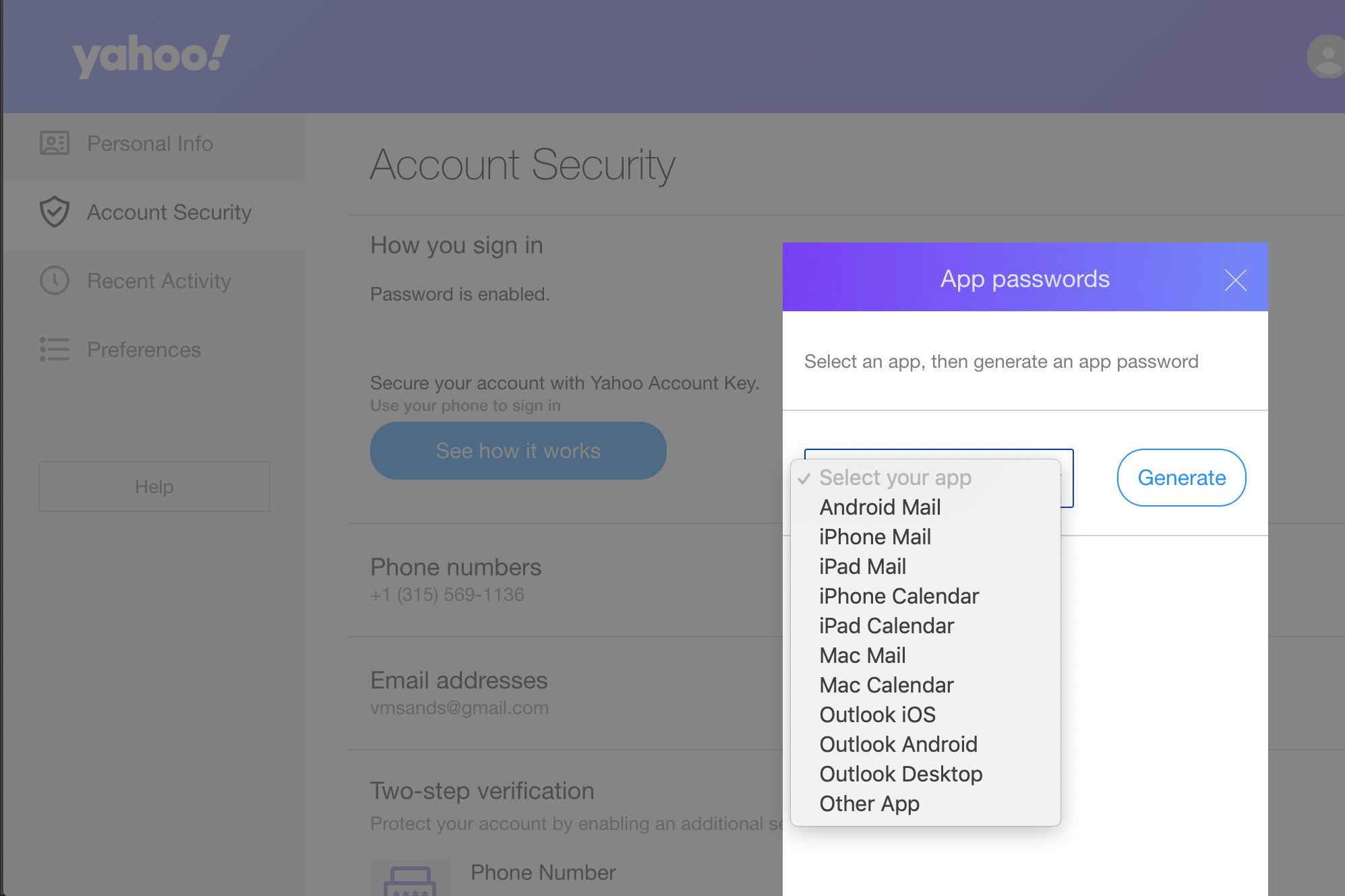 Skapa ett app-lösenord i Yahoo Mail