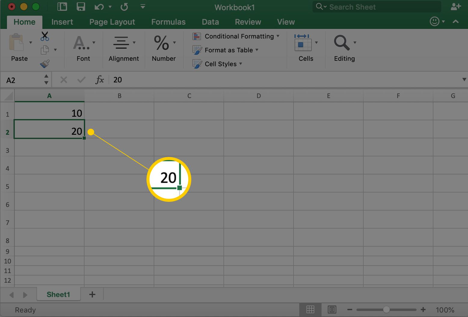 Excel visar cell A2 med siffran 20 i den