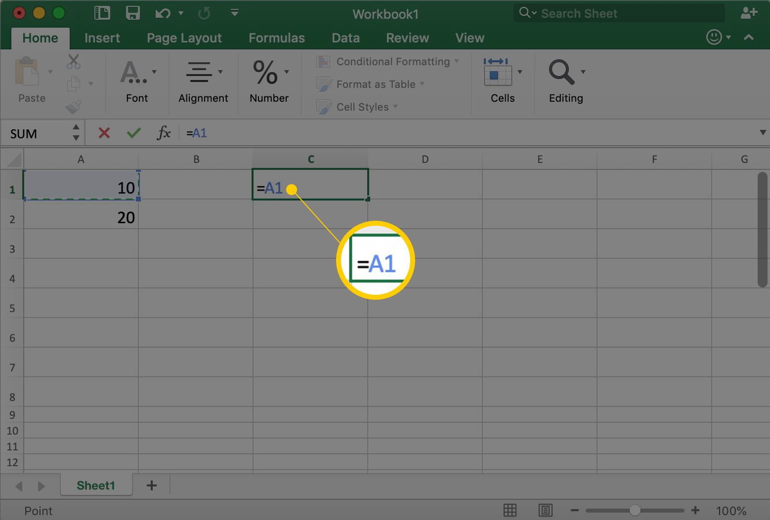 Excel visar cell C1 med = A1 i den