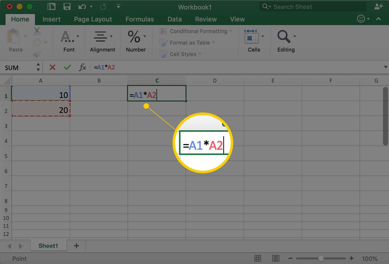 Excel visar cell C1 med = A1 * A2 i den