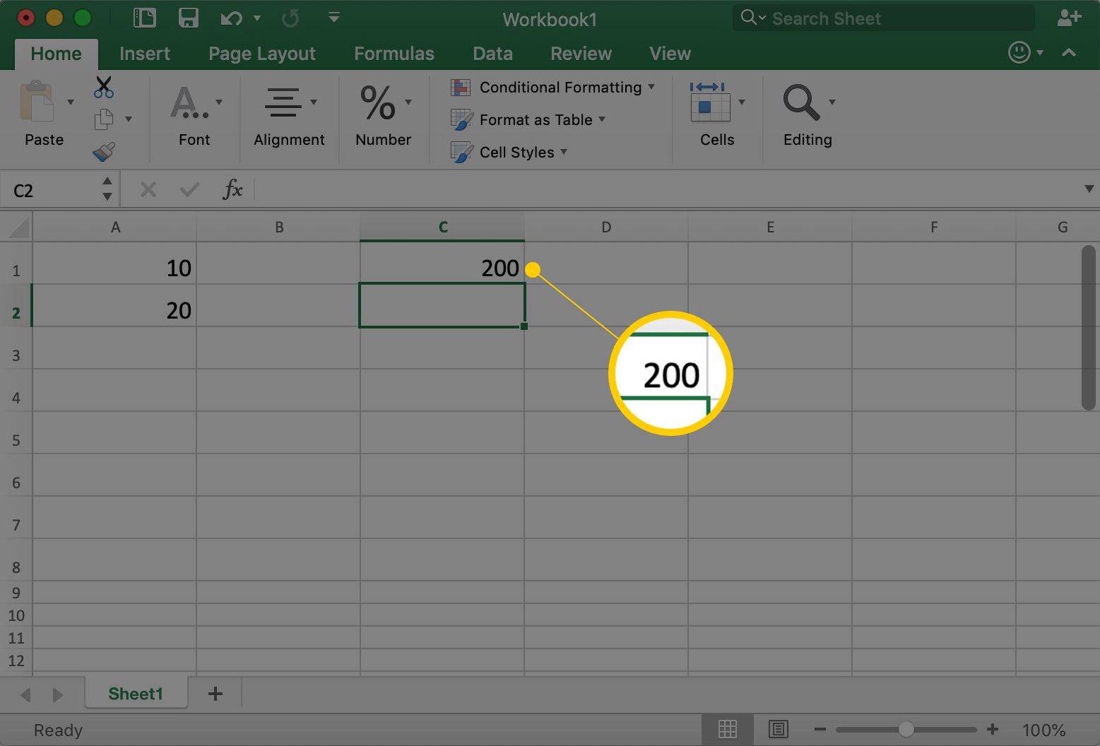 Excel visar cell A1 med siffran 200 i den
