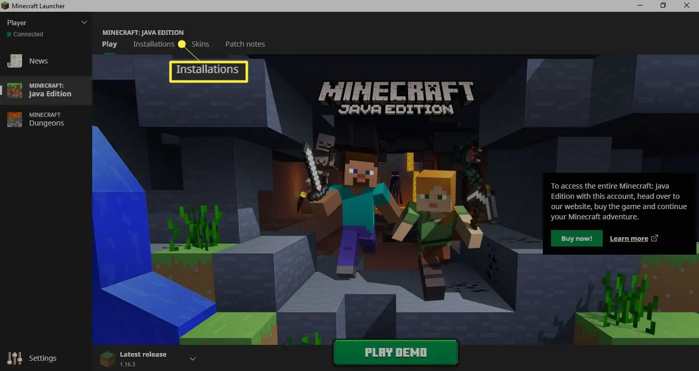 Öppna Minecraft Launcher och välj Installations.