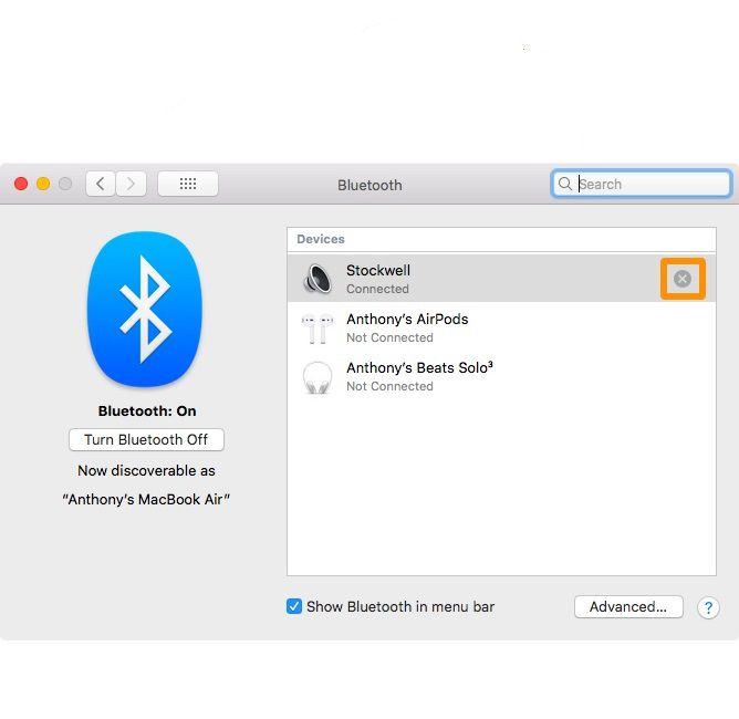 Bluetooth-inställningsskärm på macOS