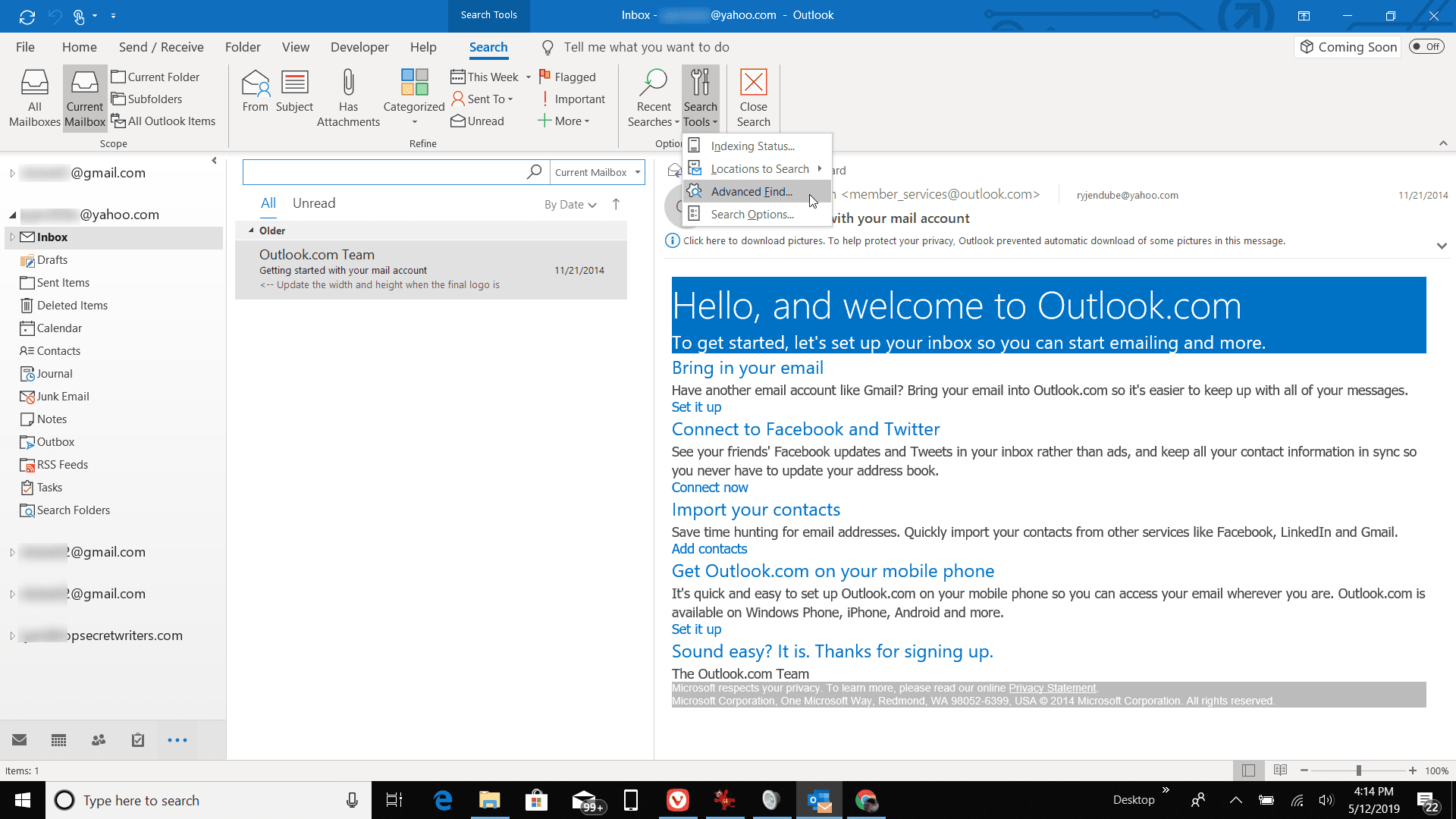 Skärmdump av sökverktyg i Outlook