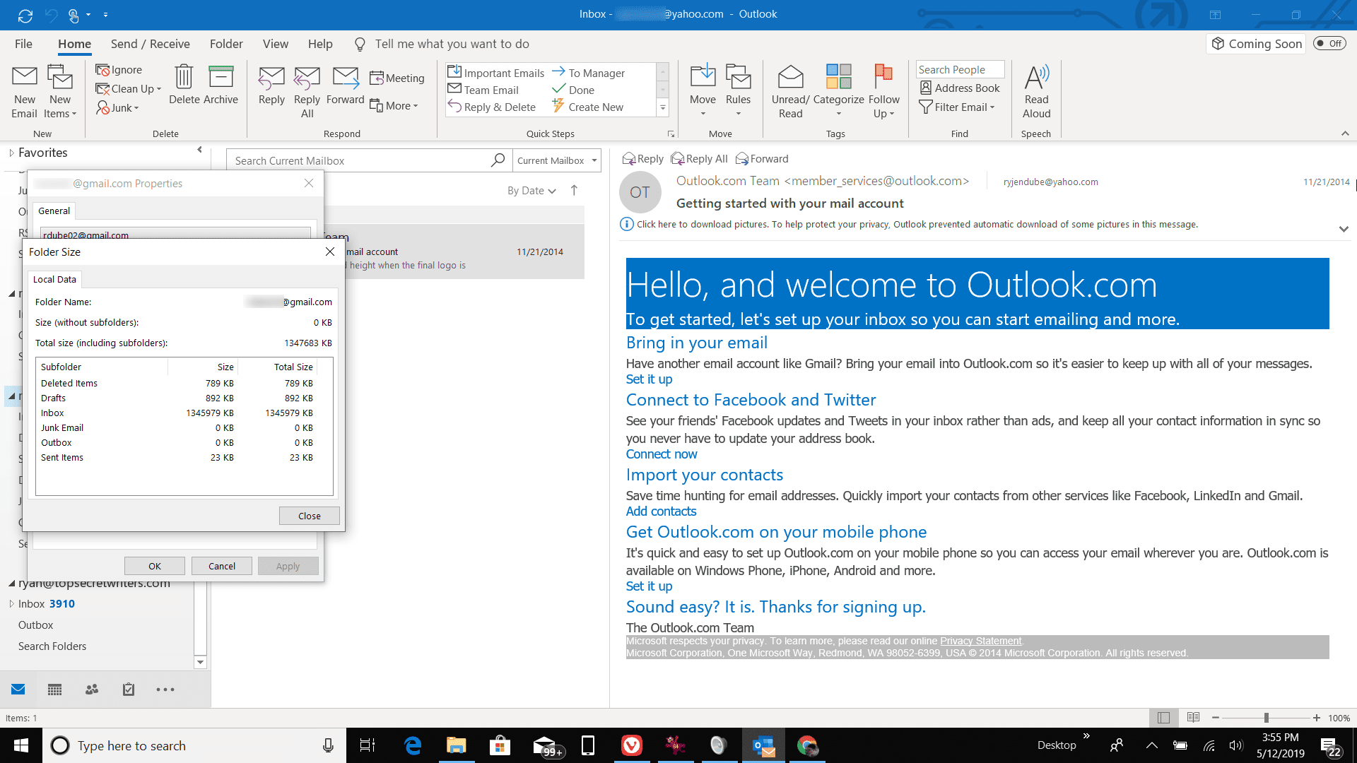 Skärmdump av mappstorleksfönster i Outlook