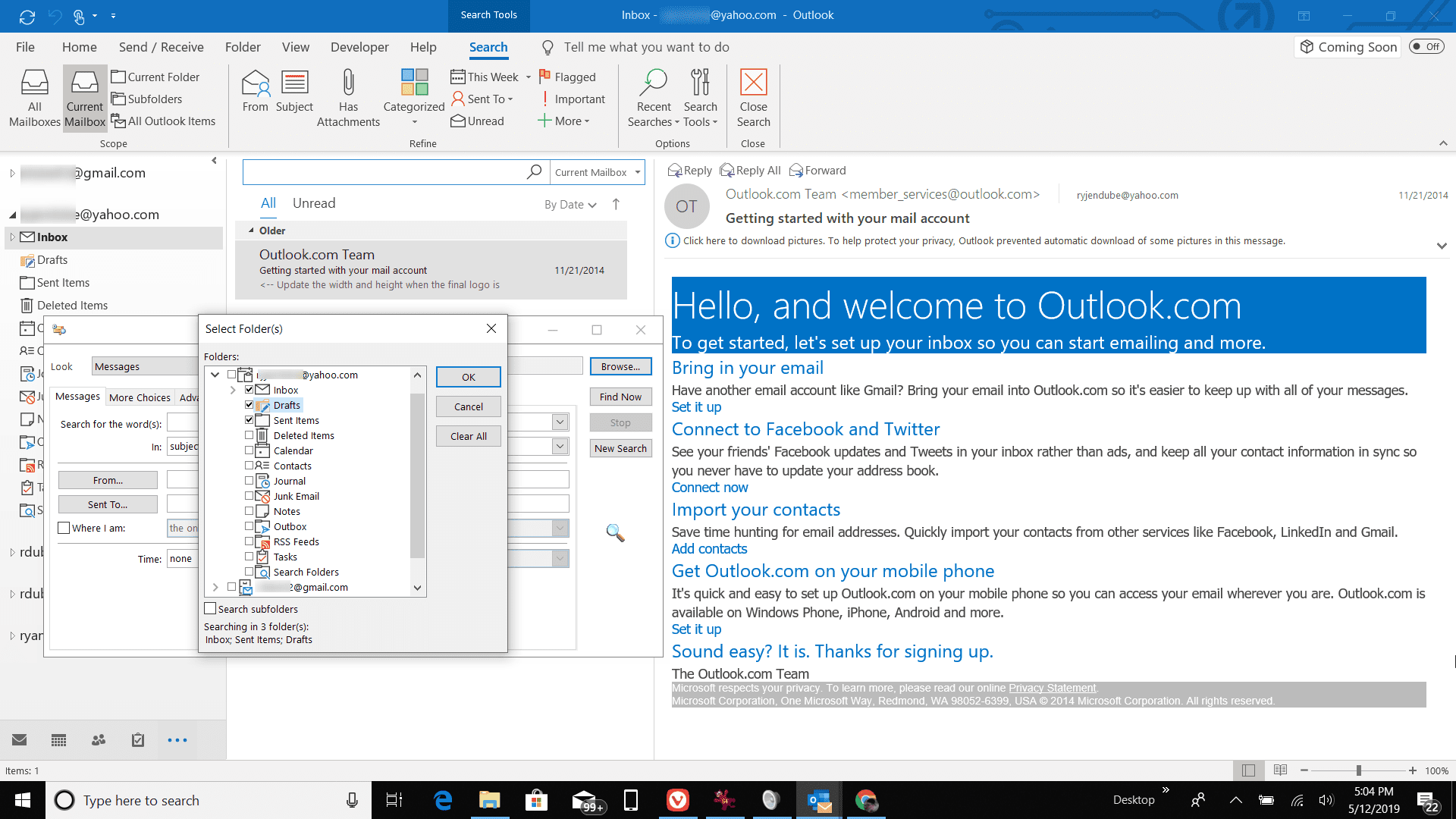 Skärmdump för att välja mappar i Outlook