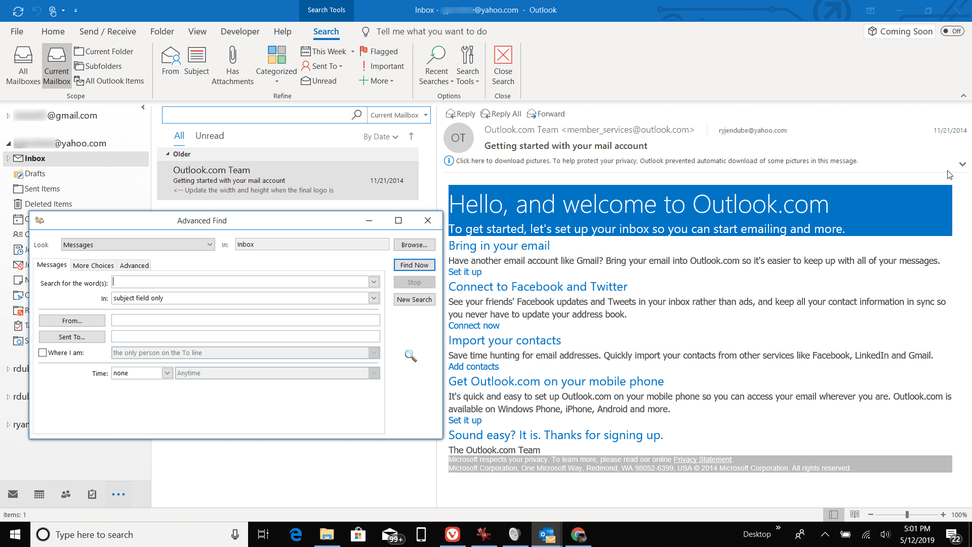 Skärmdump av Advanced Find i Outlook