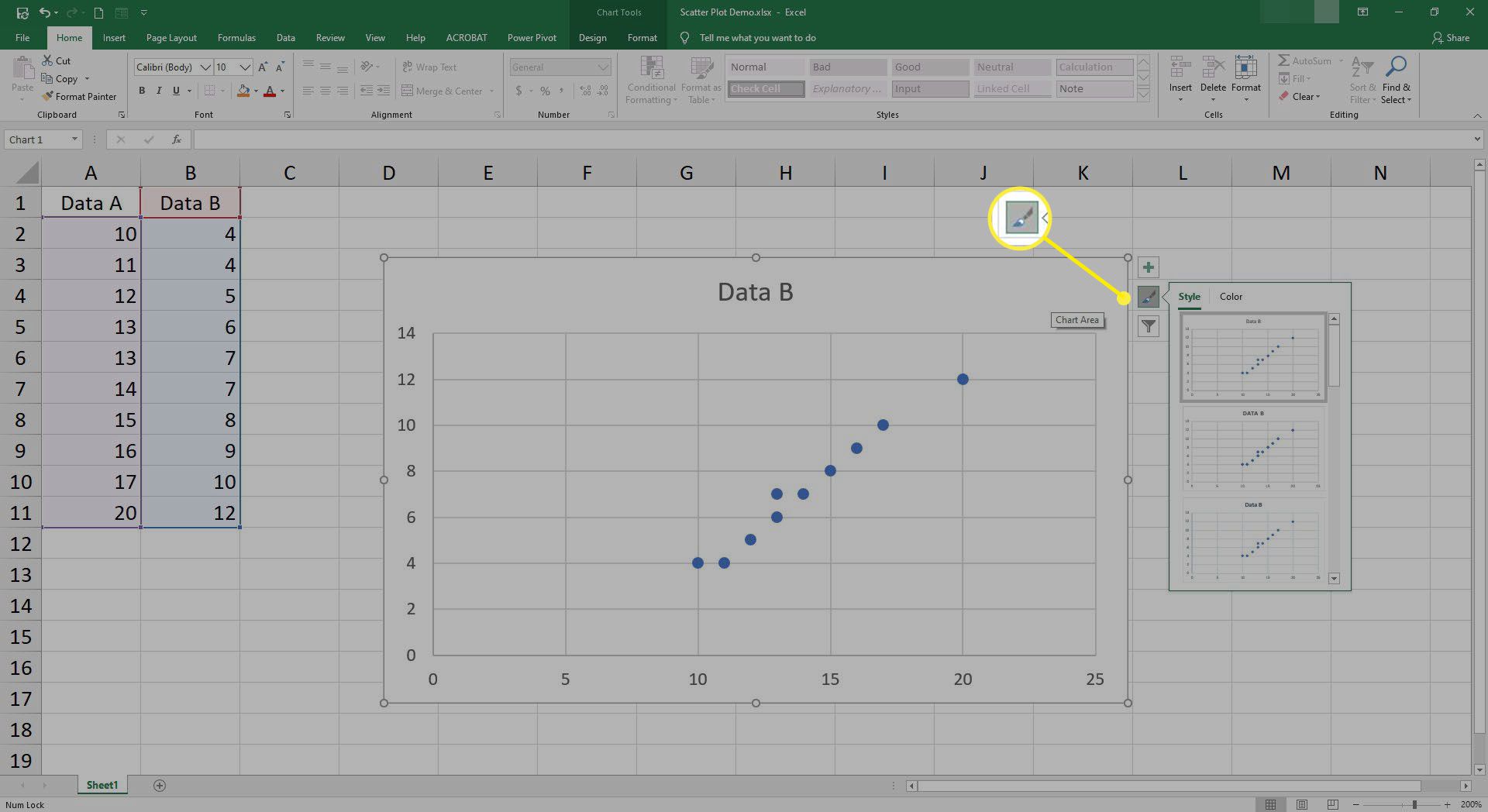 Ändra färger och stilar i spridningsdiagrammet i Excel.