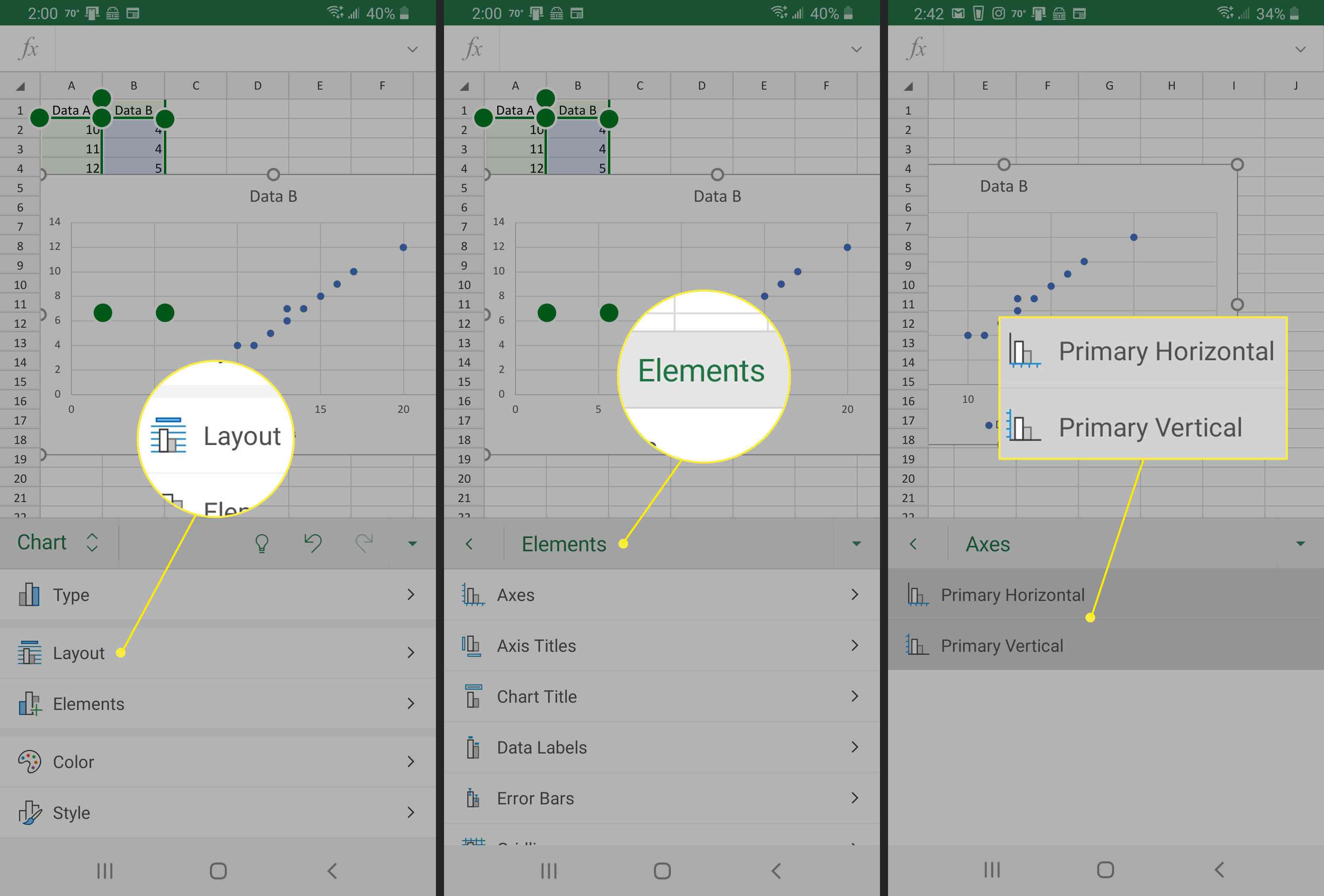 Excel på Android-skärmdumpar: (vänster) tryck på diagrammet för att välja, (i mitten) Alternativ för redigering av diagramelement, (höger) redigera axeltitlar