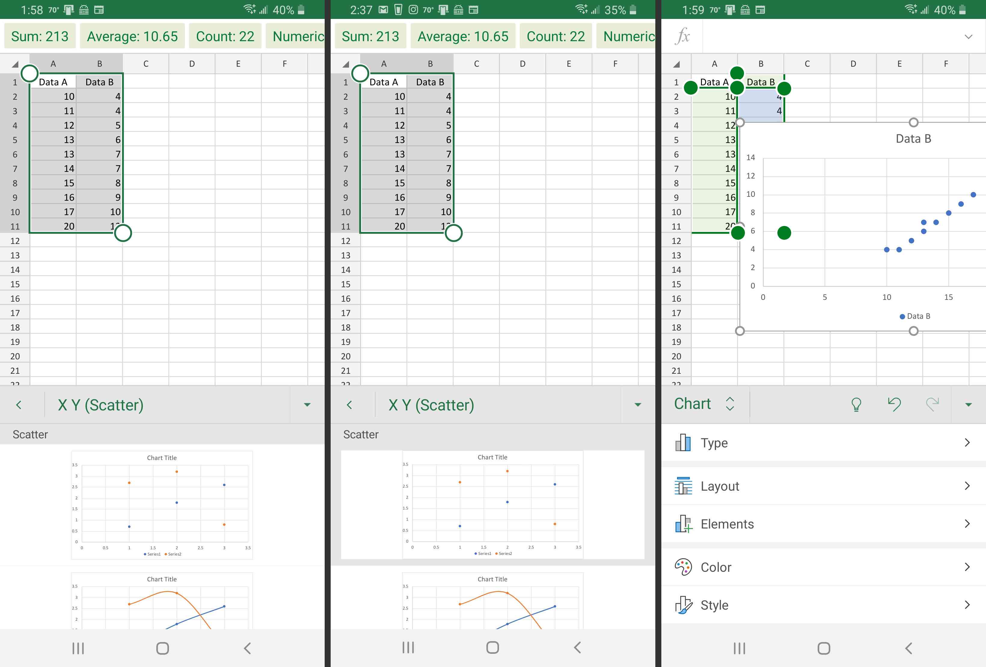 Excel på spridningstyp för Android (vänster) och diagraminformation (höger).