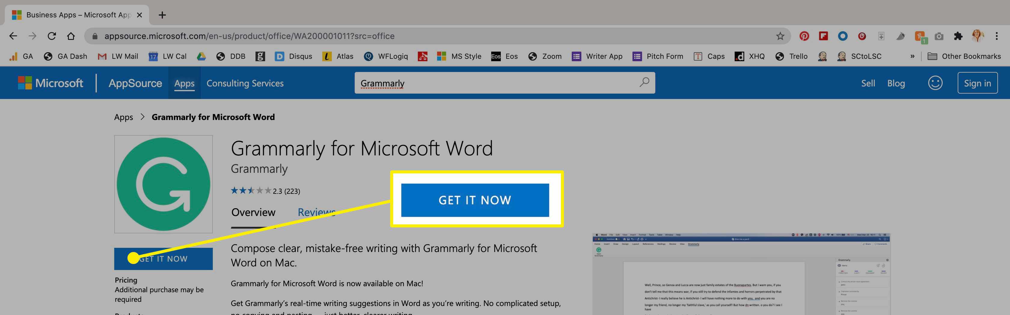 Grammarly-appen i Microsoft Store på Mac.