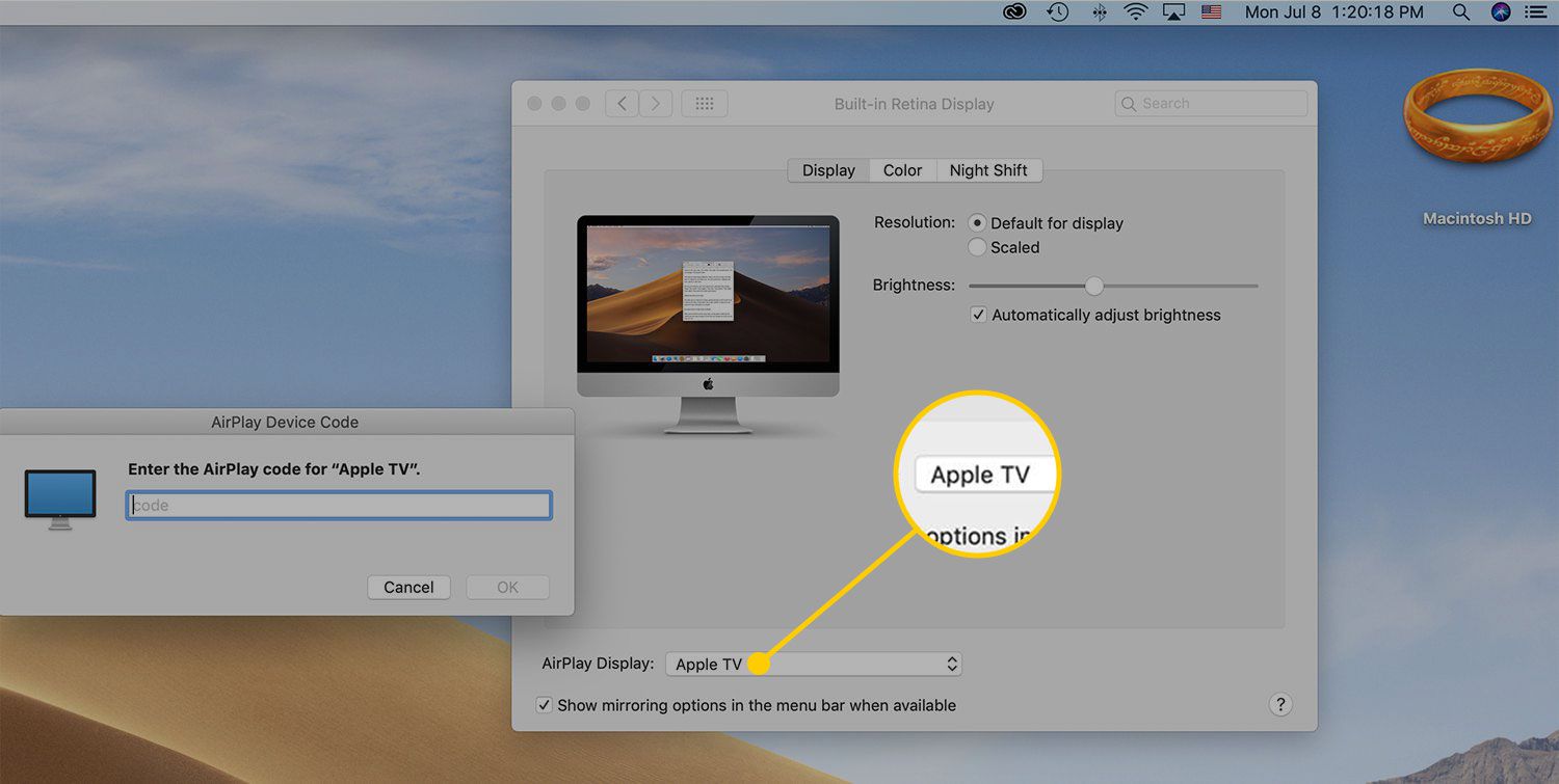 AirPlay Display-menyn i inställningar på macOS