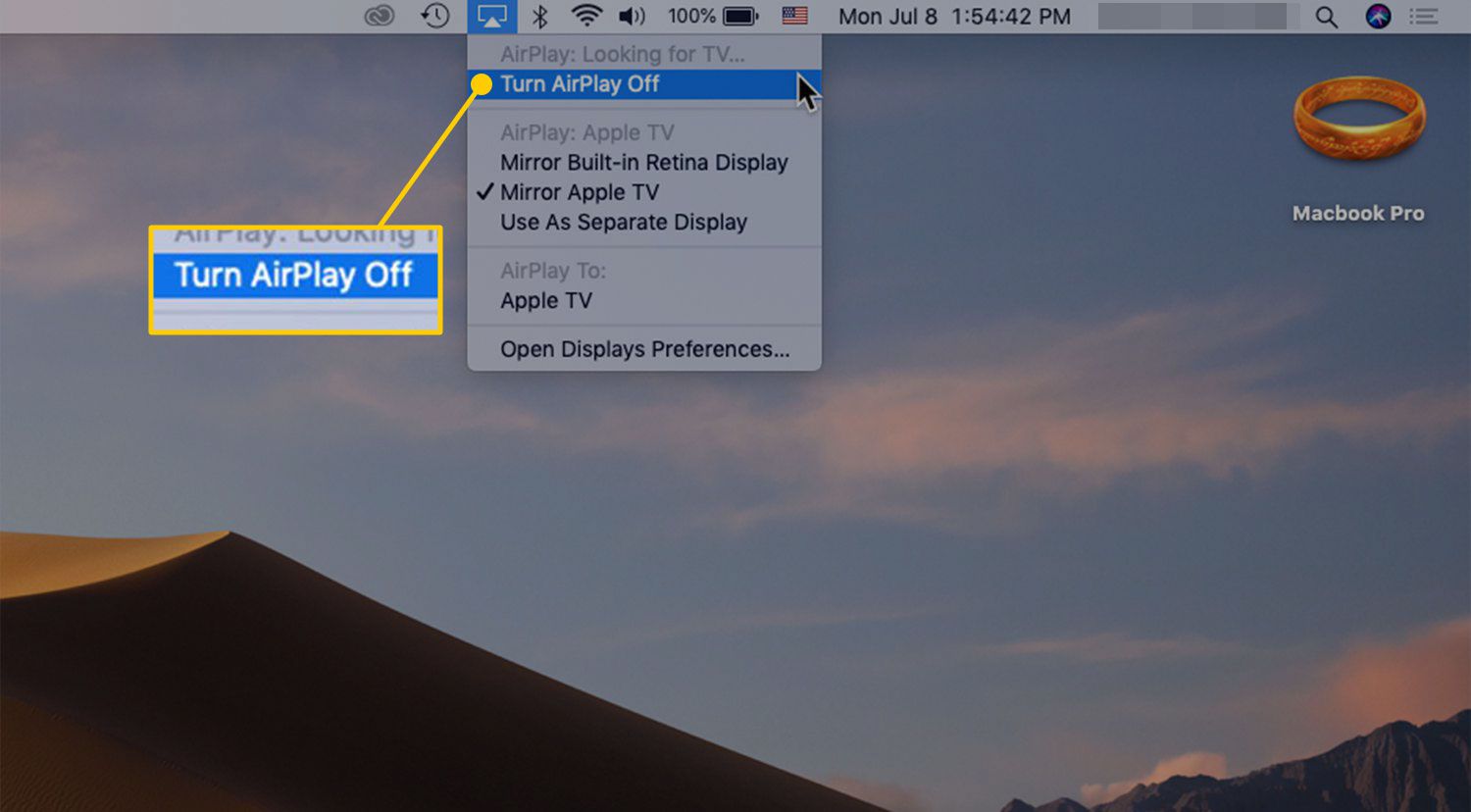 Stäng av AirPlay Off-kommandot i macOS