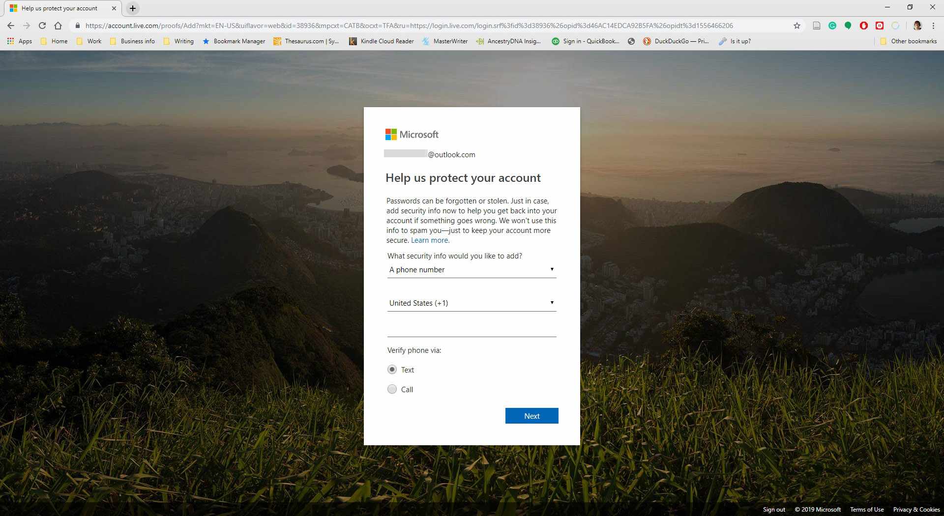 Inloggningsprompt för att lägga till ytterligare säkerhet i Outlook.com.