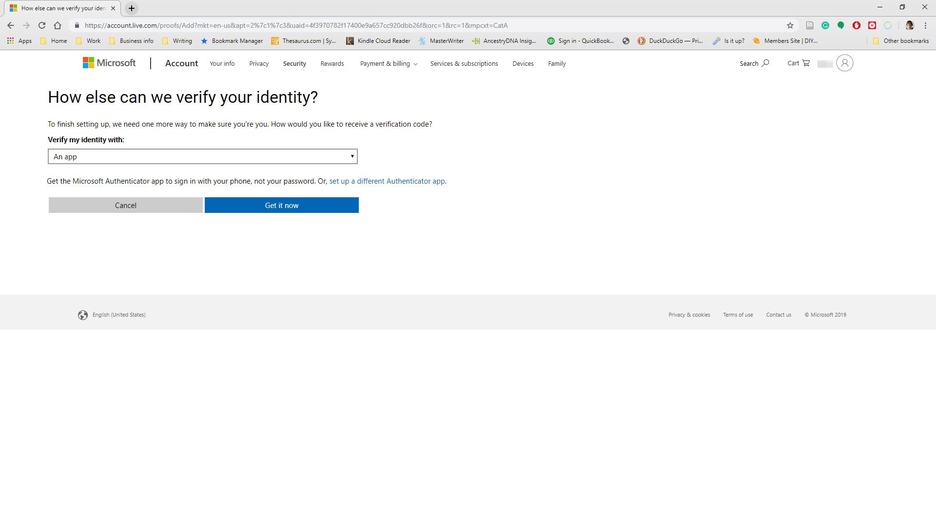 Väljer att använda en app för att verifiera identiteten i Outlook.com.