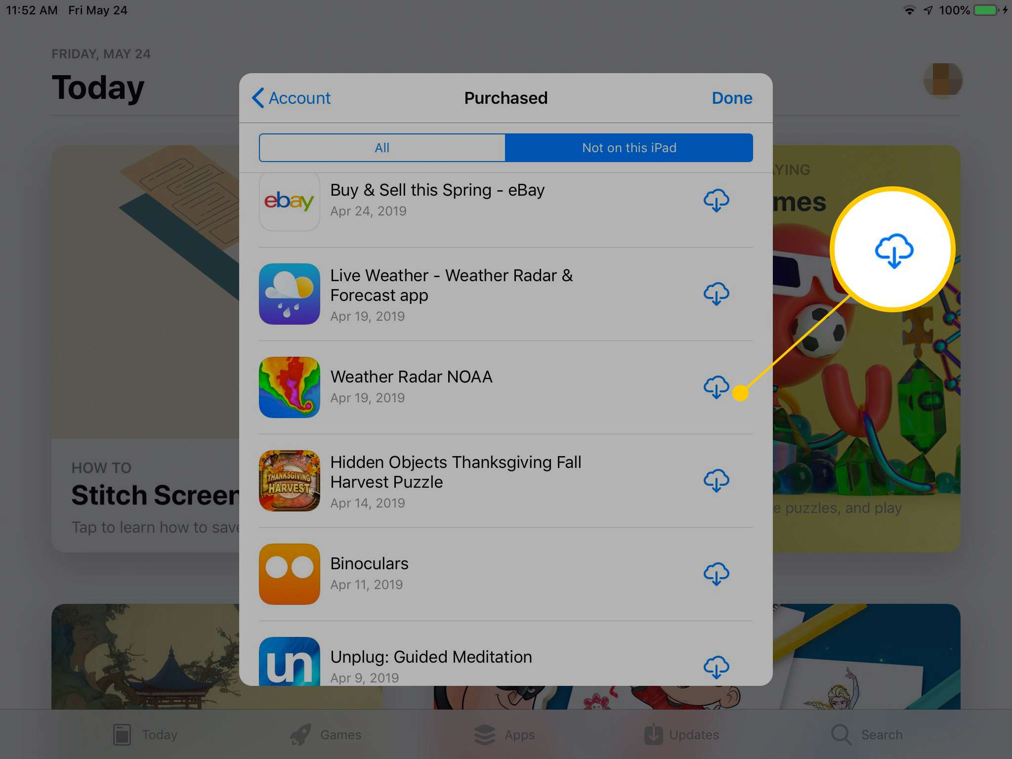 Ladda ner från molnknappen i App Store på iPad