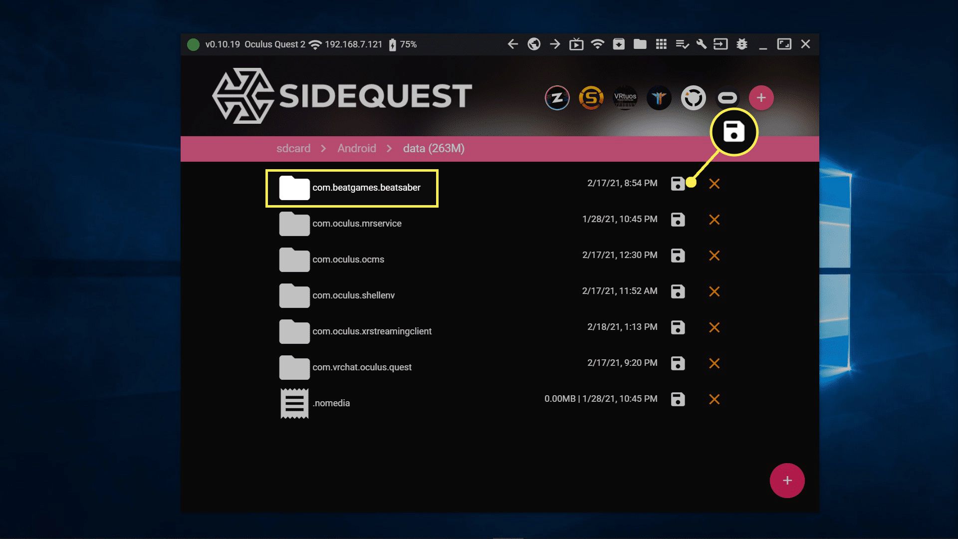 Installerade appar listade i SideQuest.