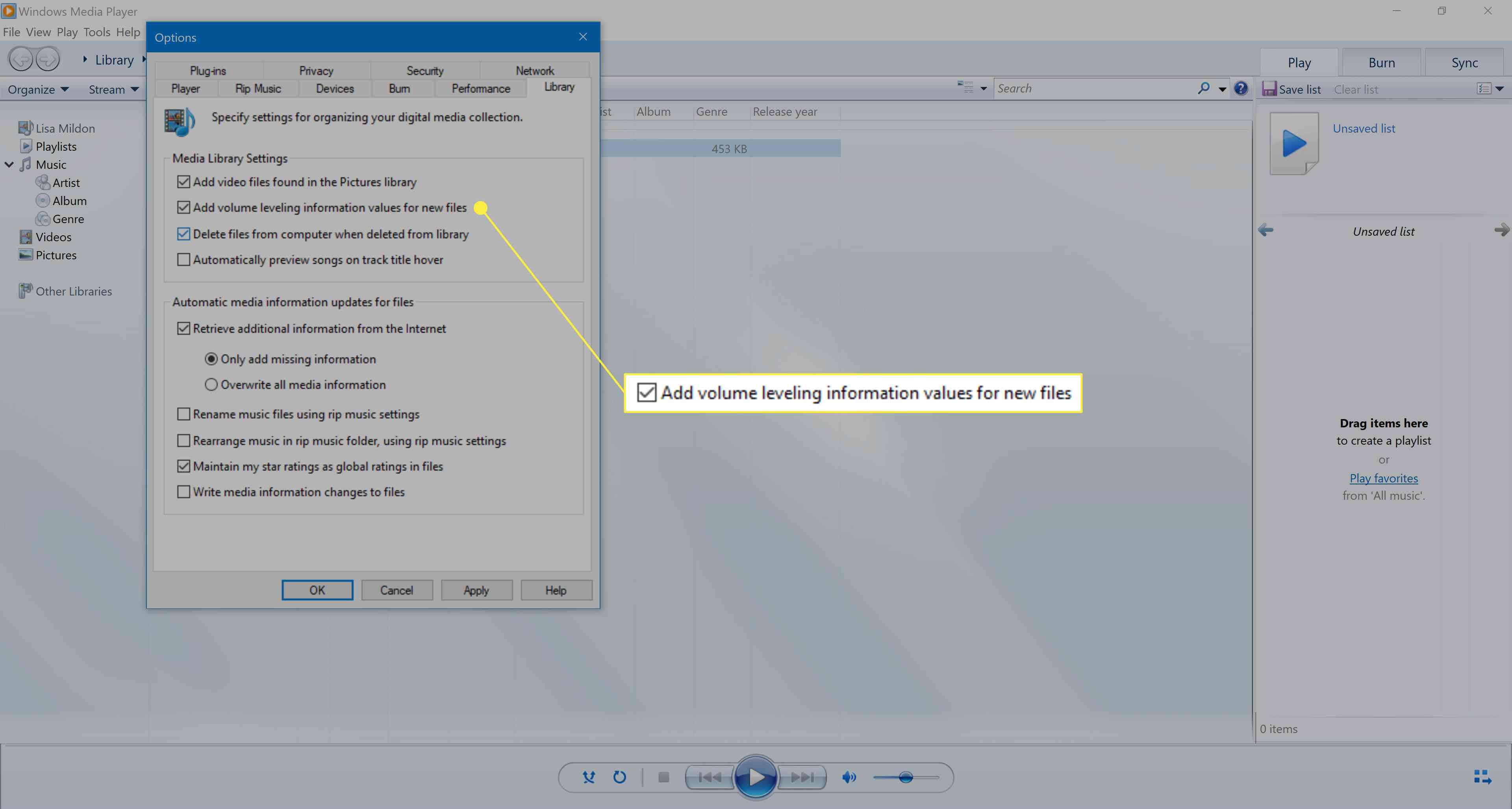 Välja Lägg till volymnivåinformationsvärden för nya filer i Windows Media Player 12.