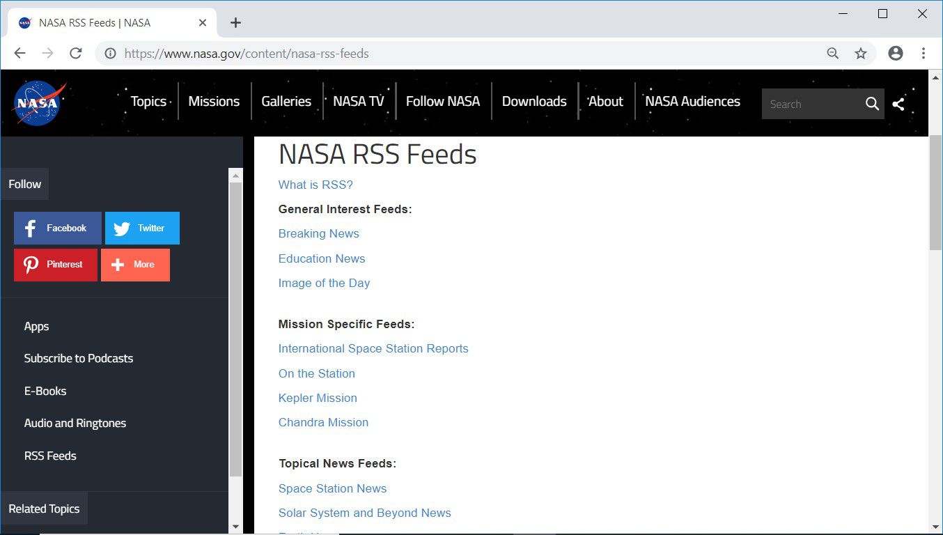 Nasa.gov RSS-feeds webbsida som visar en lista över RSS-feeds på webbplatsen