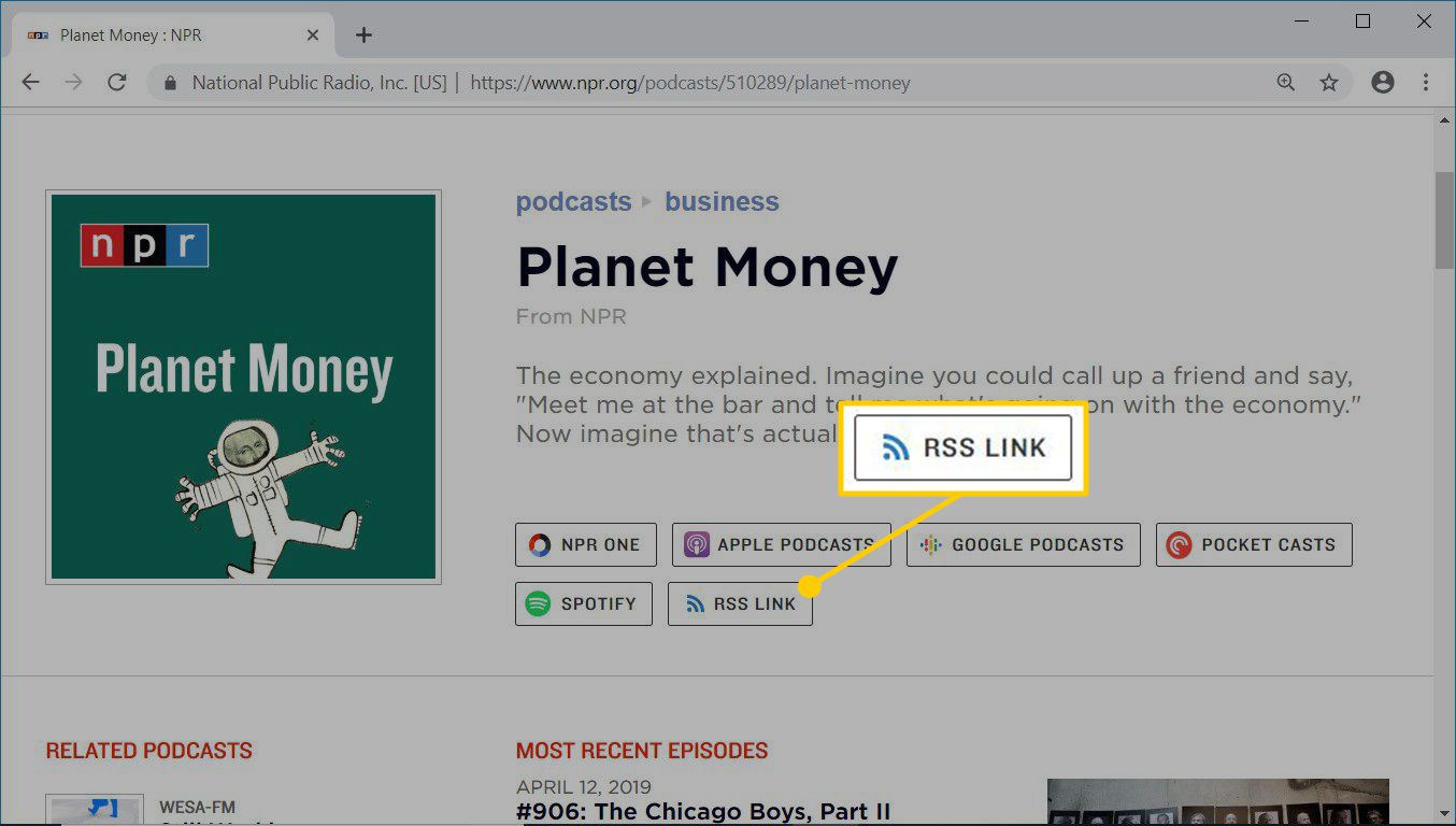 Planet Money webbsida på NPR.org podcasts som visar en RSS-länk till ett RSS-flöde