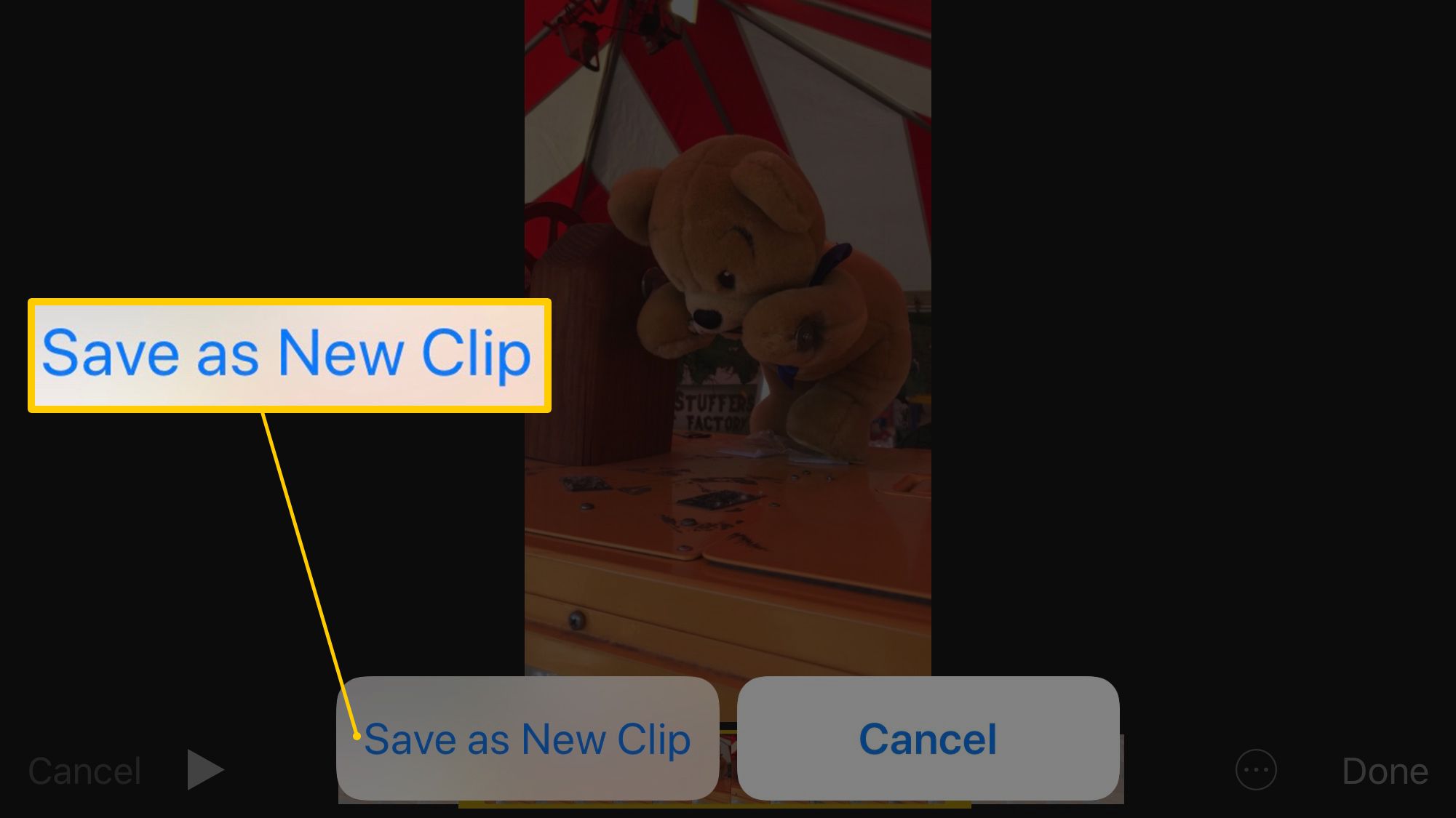 Spara som nytt klipp-knapp i redigeringsprocessen i iOS 12s Photos-app på en iPhone 8 Plus