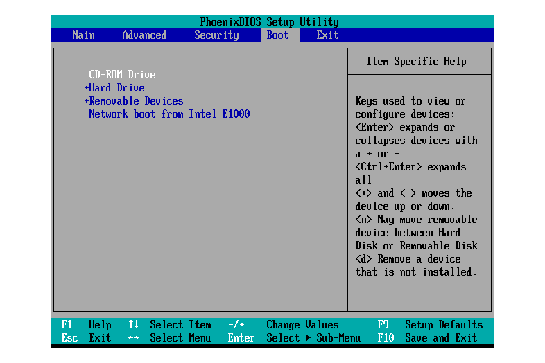 Skärmdump av en BIOS-inställningsverktygs startmeny