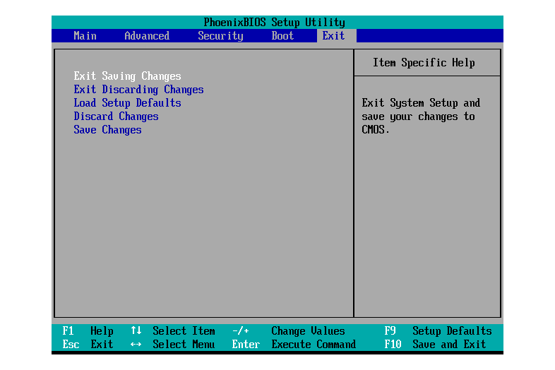 Skärmdump av en BIOS Setup Utility Exit Menu